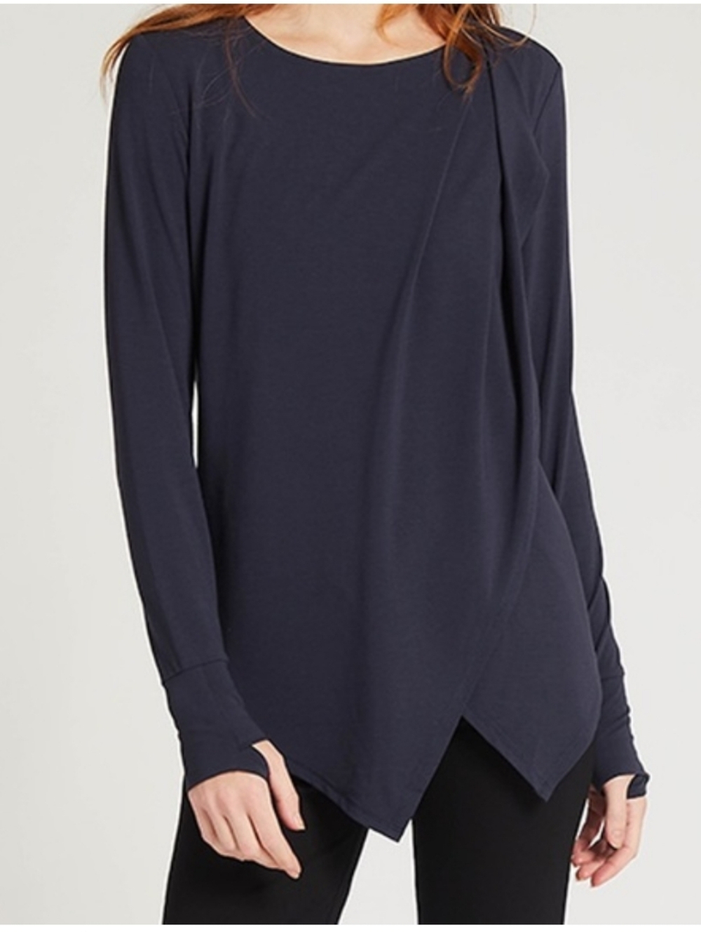 Betabrand Tempo Tunic Asymmetrical Drape Faux Wrap Long Sleeve Top Navy L